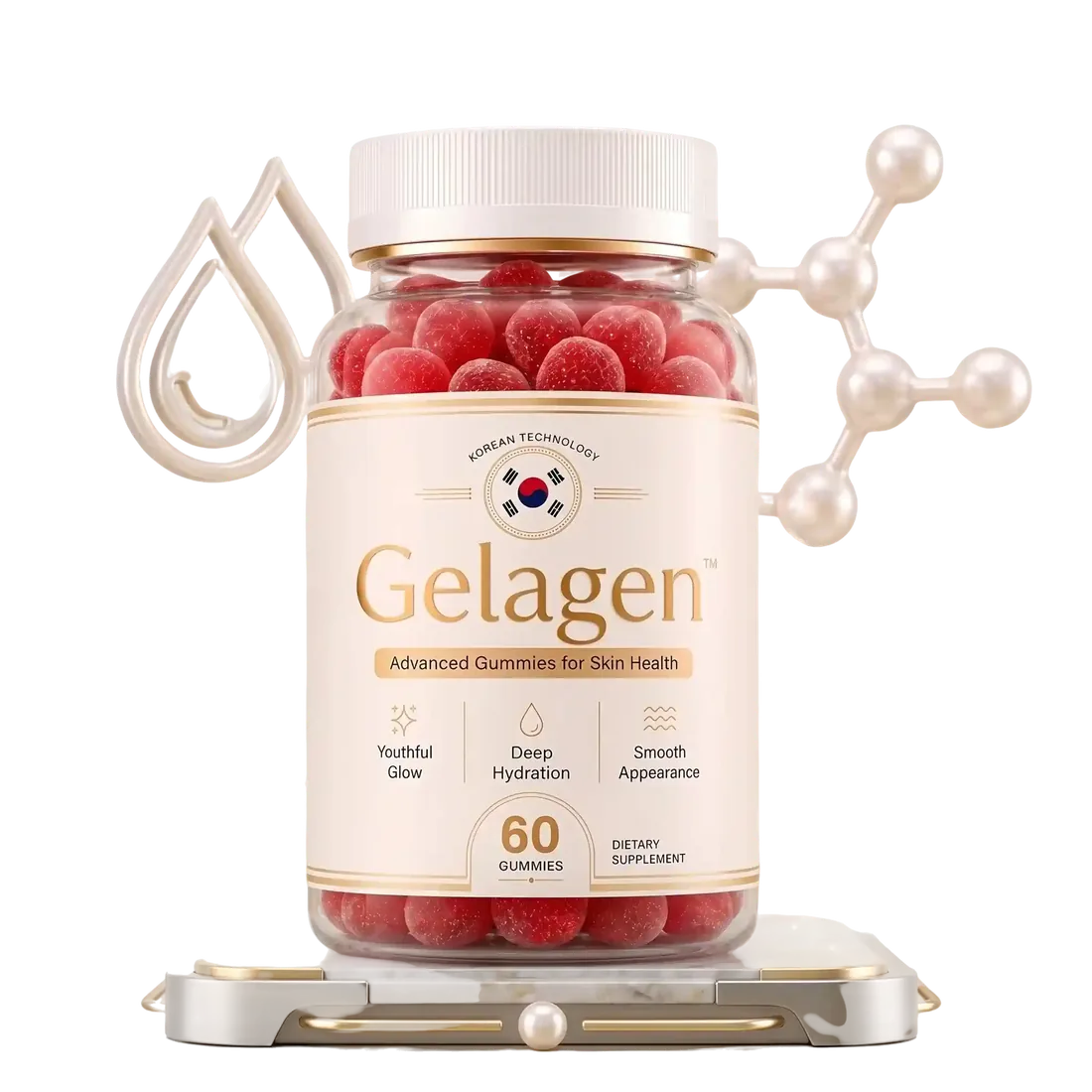 A bottle of Gelagen advanced gummies for skin, hair and nails, sixty gummies per bottle