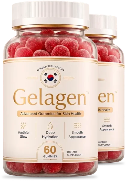 The Gelagen bottle showing the Korean technology roundel and the sixty gummy count