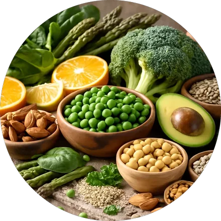 Leafy greens, citrus, beans, broccoli and avocado, natural food sources of folate