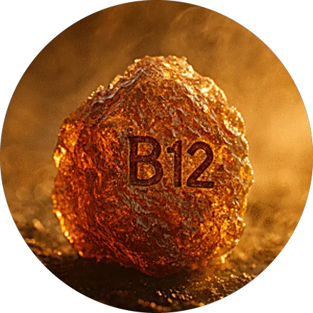 A golden mineral fragment marked B12, representing methylcobalamin